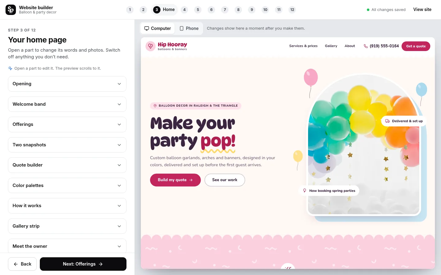 The builder at the “Edit your home page, part by part” step: the editing panel on the left and a live preview of the site on the right