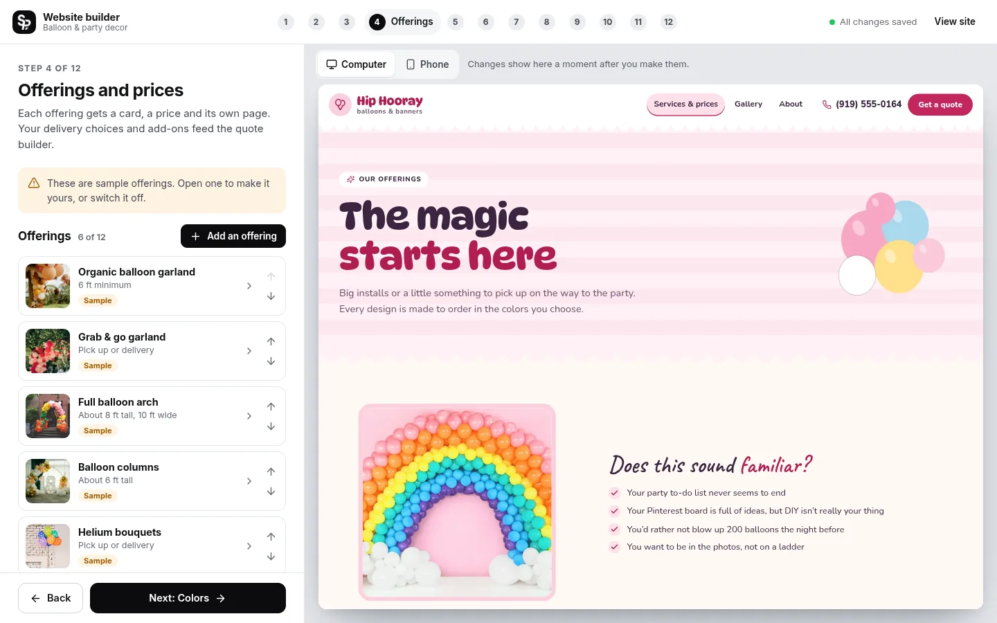 The builder at the “Set your prices” step: the editing panel on the left and a live preview of the site on the right