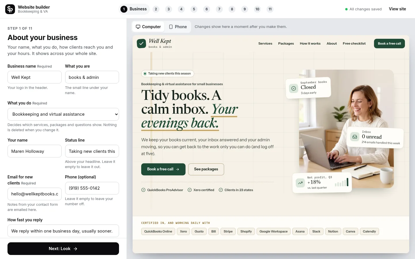 The builder at the “Tell it what you do” step: the editing panel on the left and a live preview of the site on the right