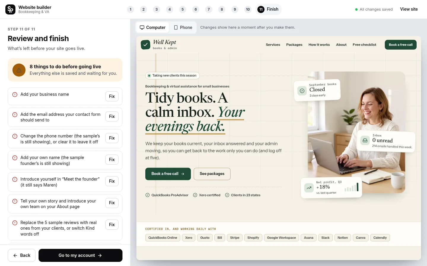 The builder at the “Check it and go live” step: the editing panel on the left and a live preview of the site on the right