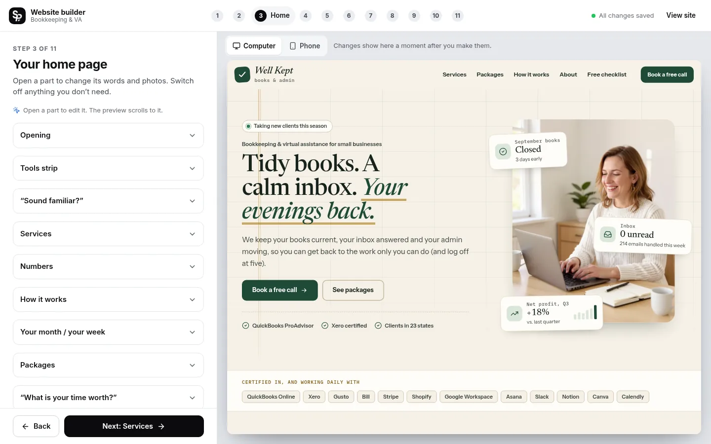 The builder at the “Edit your home page, part by part” step: the editing panel on the left and a live preview of the site on the right