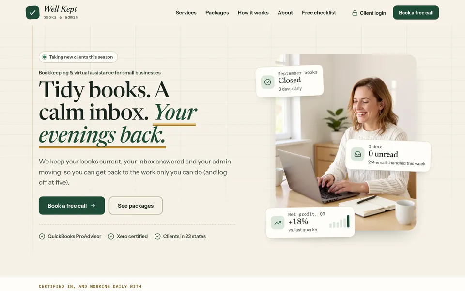 The Bookkeeping & VA template’s home page