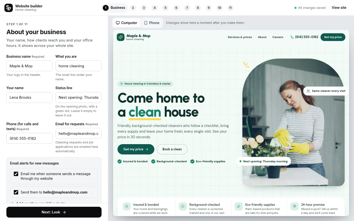 The builder at the “Tell it about your business” step: the editing panel on the left and a live preview of the site on the right
