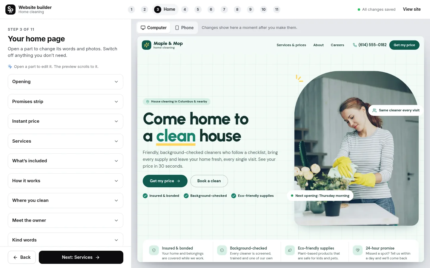 The builder at the “Edit your home page, part by part” step: the editing panel on the left and a live preview of the site on the right