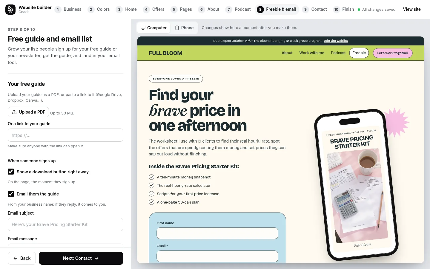 The builder at the “Grow your email list” step: the editing panel on the left and a live preview of the site on the right