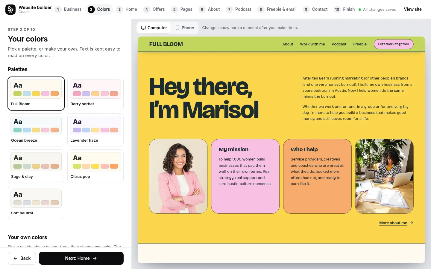 The builder at the “Pick your colors” step: the editing panel on the left and a live preview of the site on the right