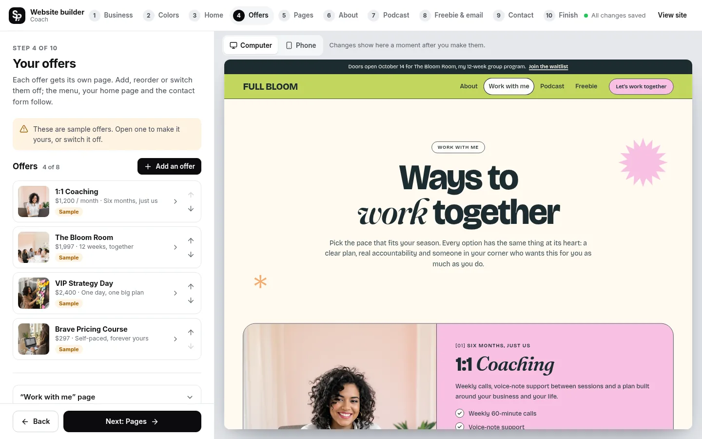 The builder at the “Add your offers” step: the editing panel on the left and a live preview of the site on the right