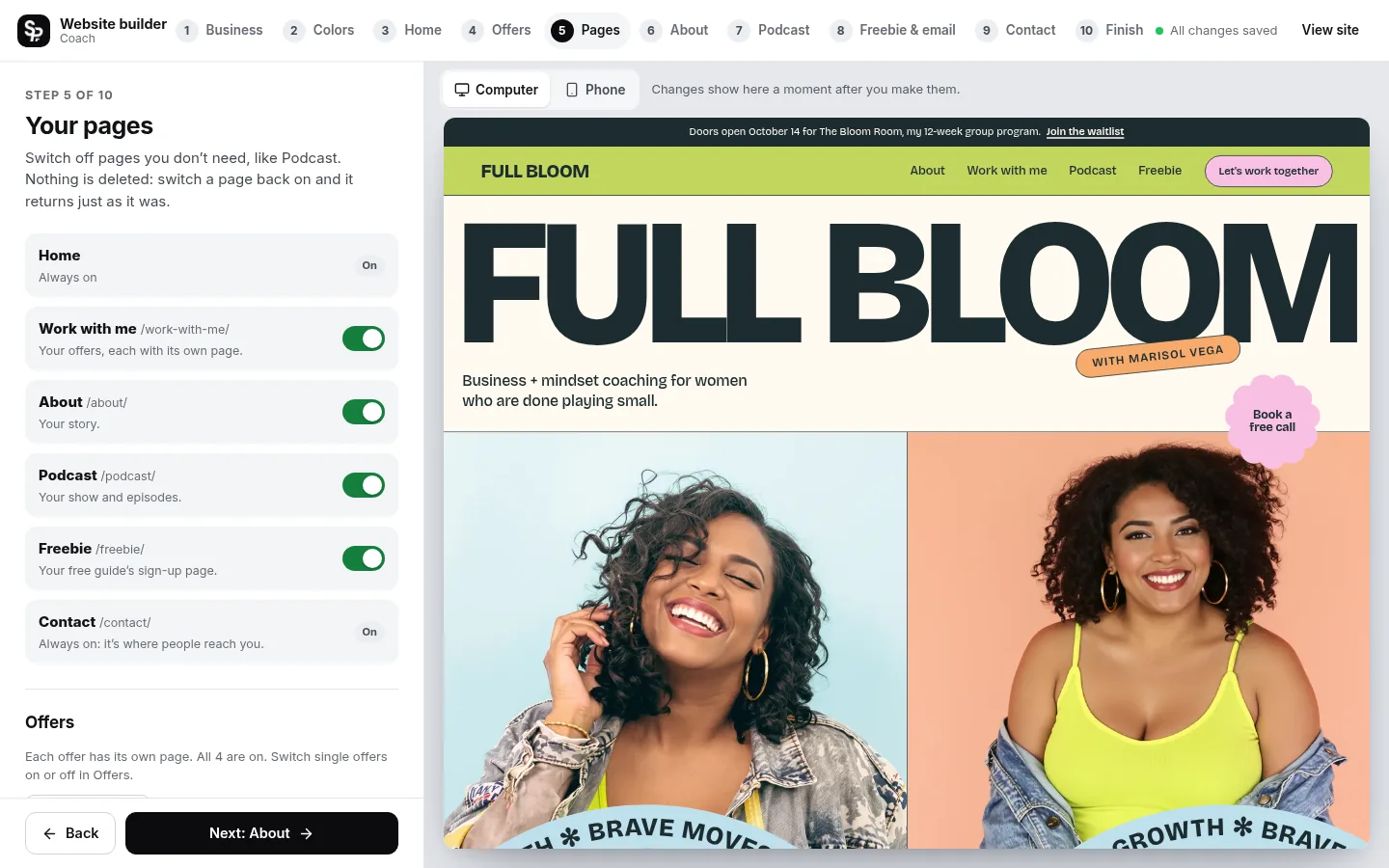 The builder at the “Hide what you don’t need” step: the editing panel on the left and a live preview of the site on the right