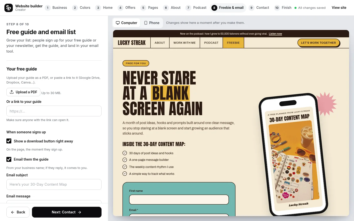 The builder at the “Grow your email list” step: the editing panel on the left and a live preview of the site on the right