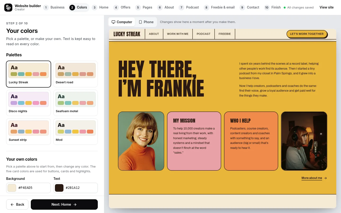 The builder at the “Pick your colors” step: the editing panel on the left and a live preview of the site on the right