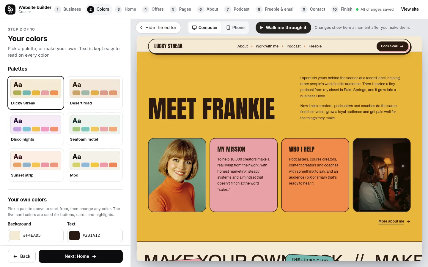 The builder at the “Pick your colors” step: the editing panel on the left and a live preview of the site on the right
