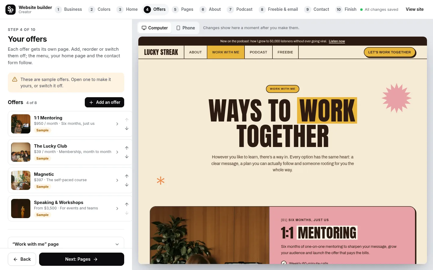The builder at the “Add your offers” step: the editing panel on the left and a live preview of the site on the right