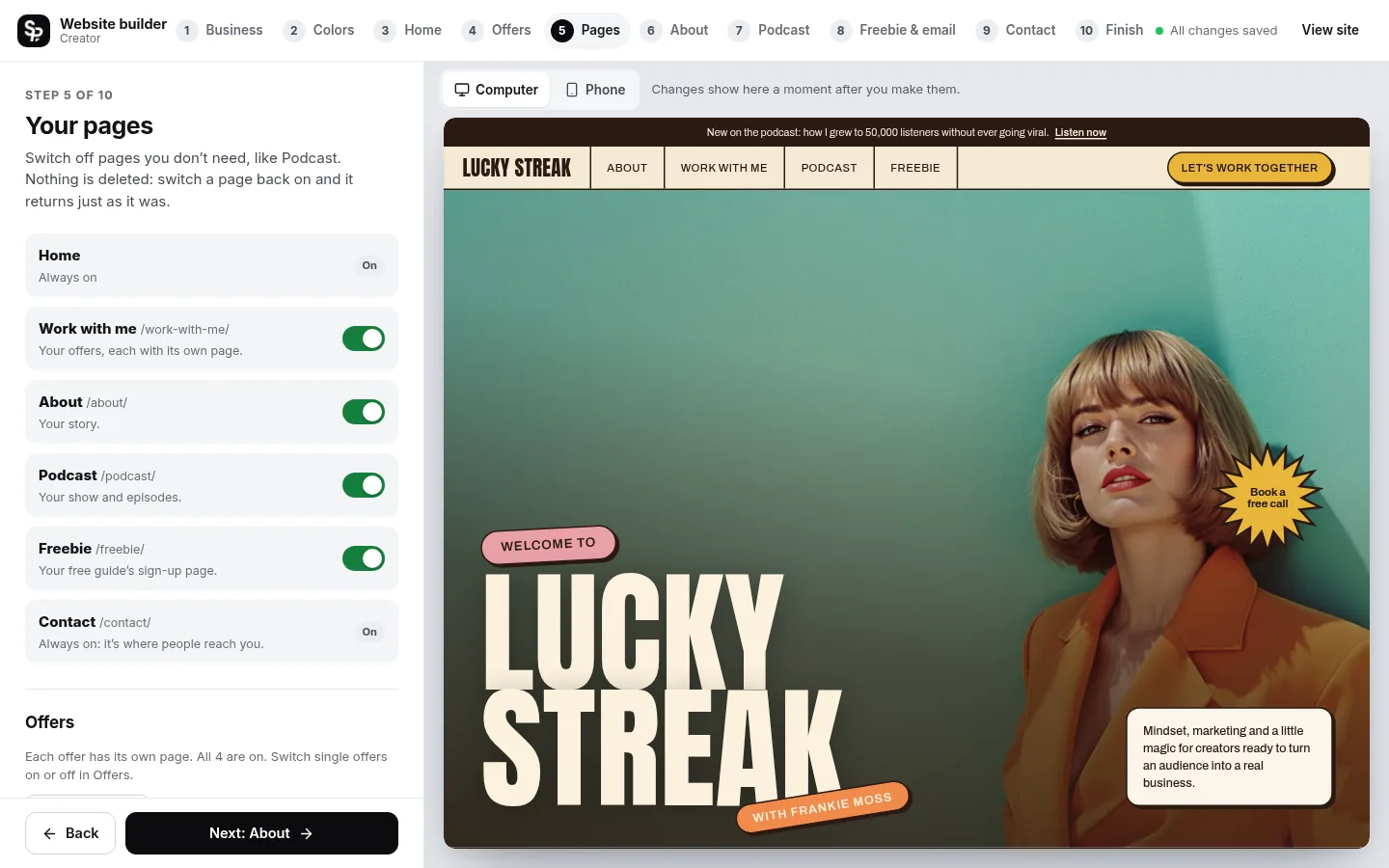 The builder at the “Hide what you don’t need” step: the editing panel on the left and a live preview of the site on the right