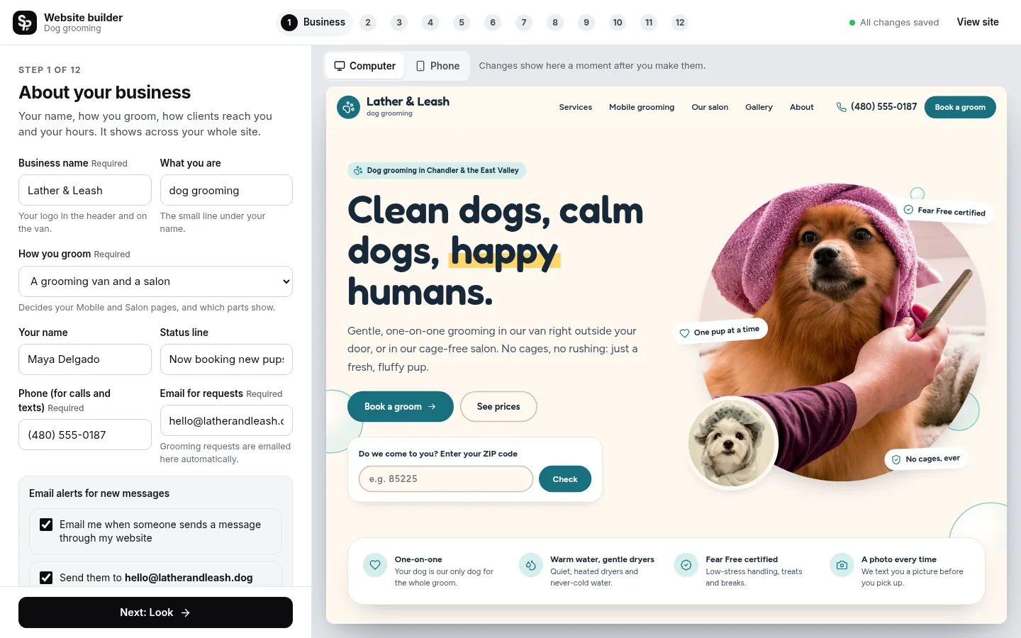 The builder at the “Tell it how you groom” step: the editing panel on the left and a live preview of the site on the right