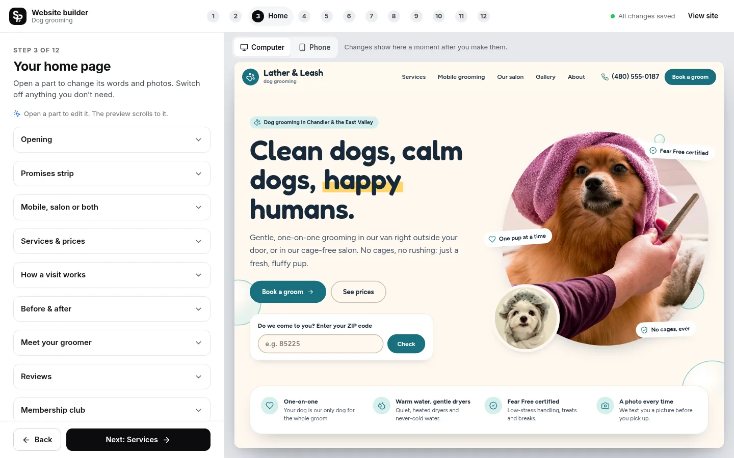 The builder at the “Edit your home page, part by part” step: the editing panel on the left and a live preview of the site on the right