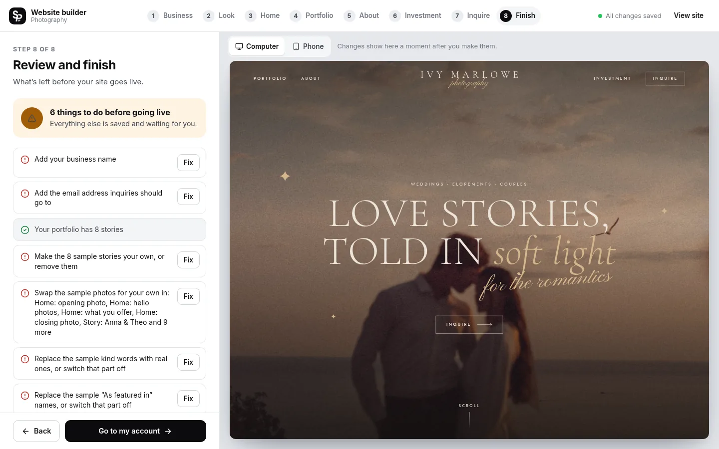 The builder at the “Check it and go live” step: the editing panel on the left and a live preview of the site on the right