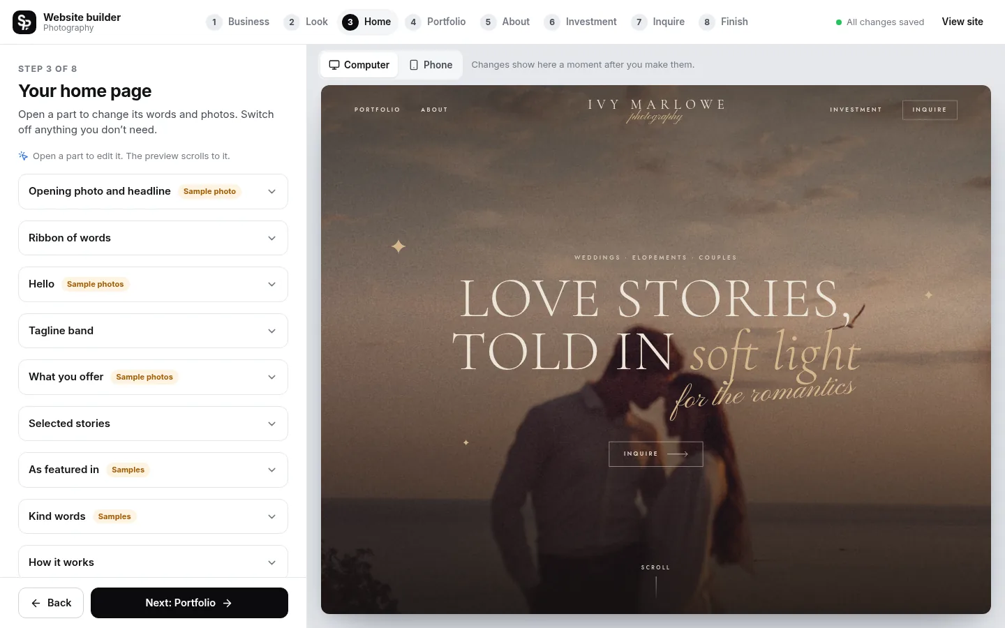The builder at the “Edit your home page, part by part” step: the editing panel on the left and a live preview of the site on the right