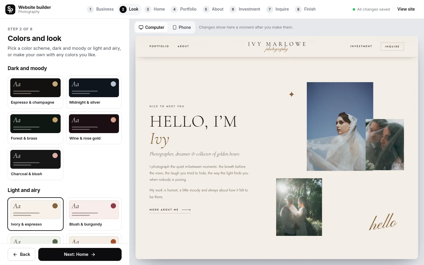 The builder at the “Pick your colors” step: the editing panel on the left and a live preview of the site on the right