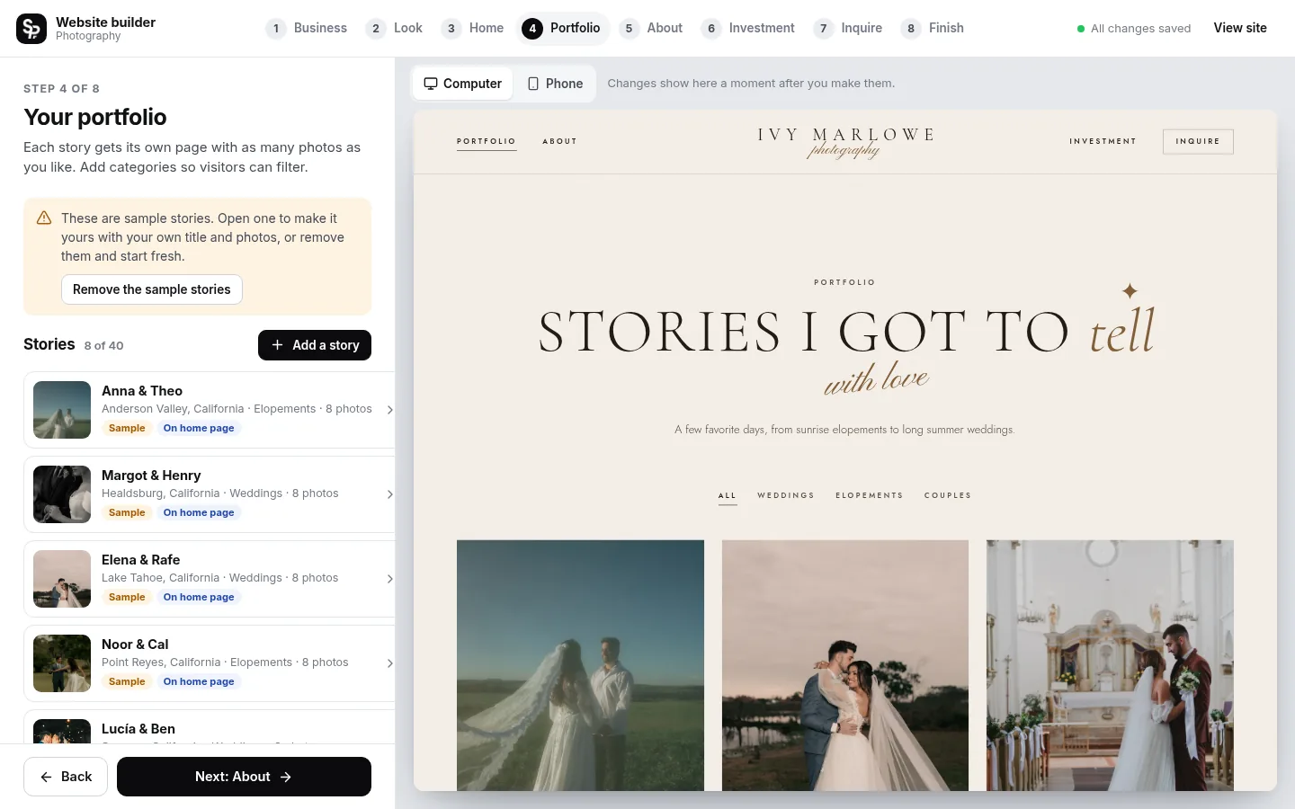 The builder at the “Add your stories” step: the editing panel on the left and a live preview of the site on the right