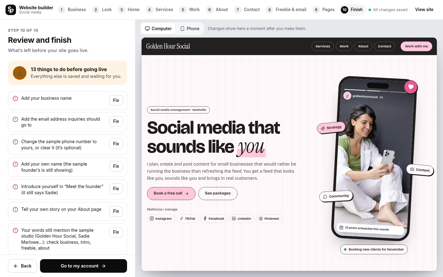 The builder at the “Check it and go live” step: the editing panel on the left and a live preview of the site on the right