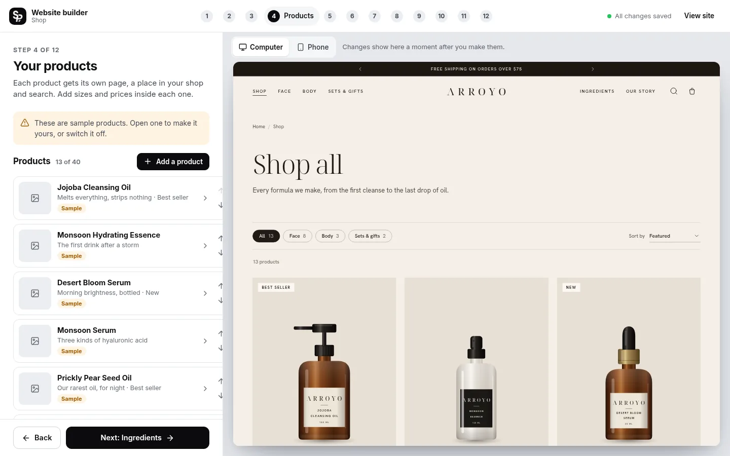 The builder at the “Add your products” step: the editing panel on the left and a live preview of the site on the right