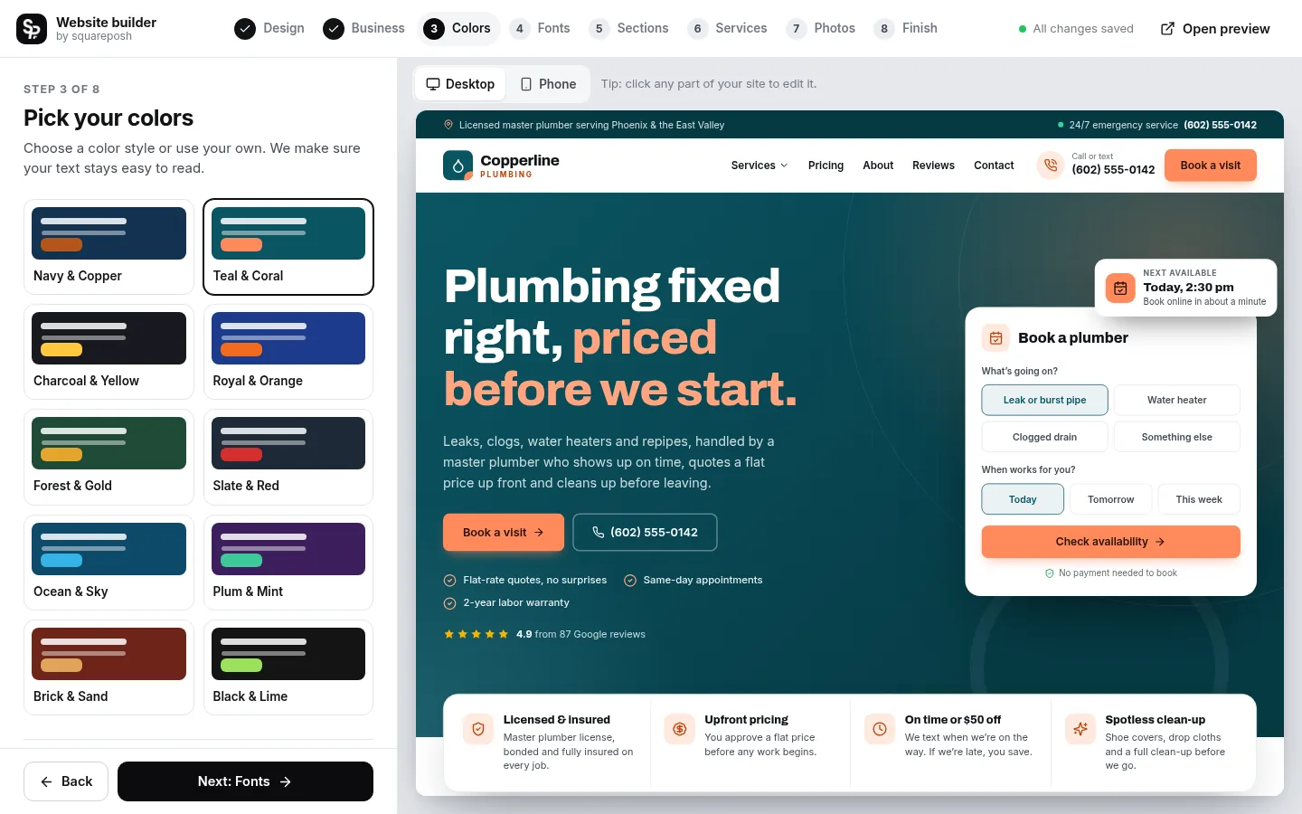 The builder at the “Pick your colors” step: the editing panel on the left and a live preview of the site on the right