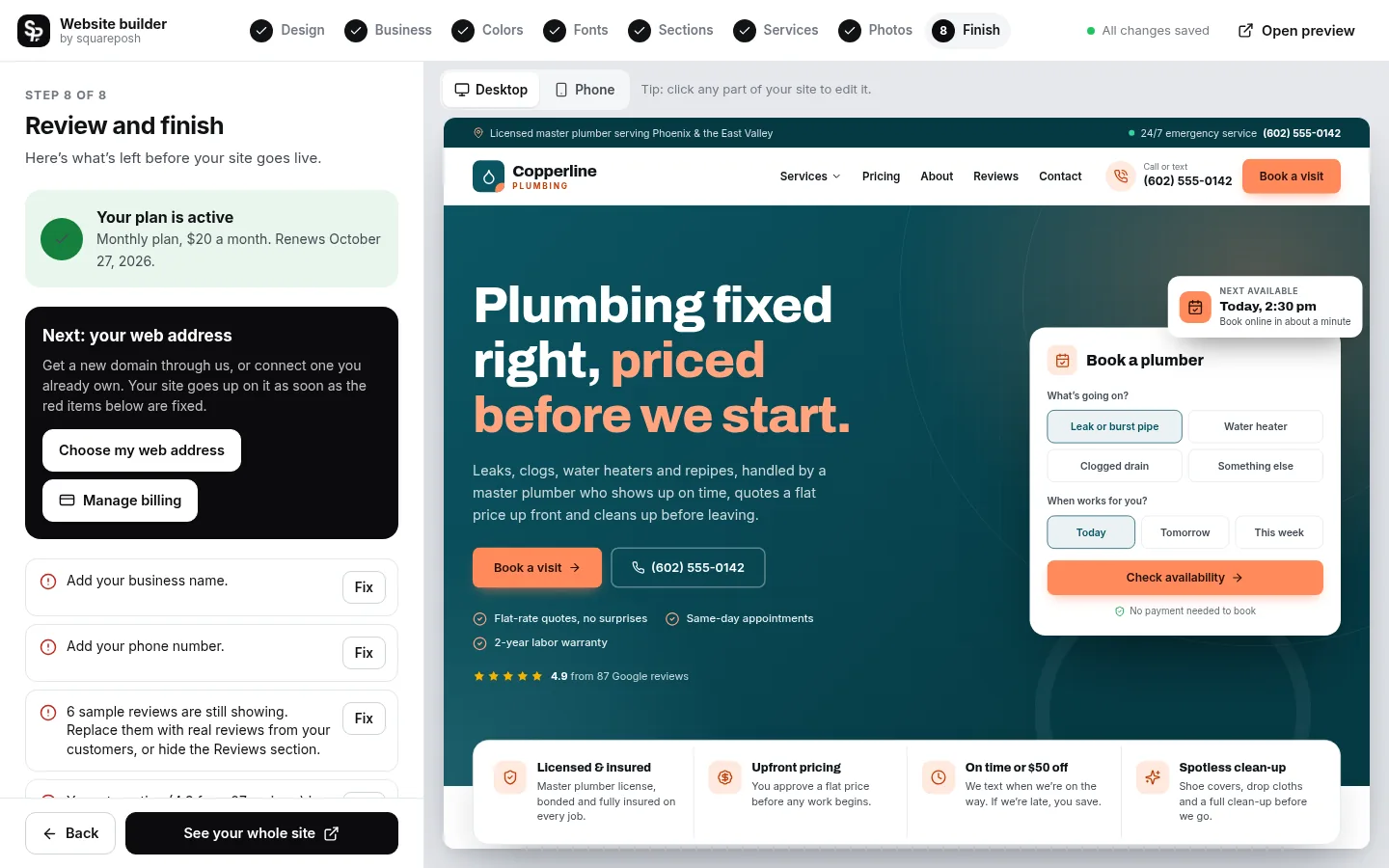 The builder at the “Pick your web address and go live” step: the editing panel on the left and a live preview of the site on the right
