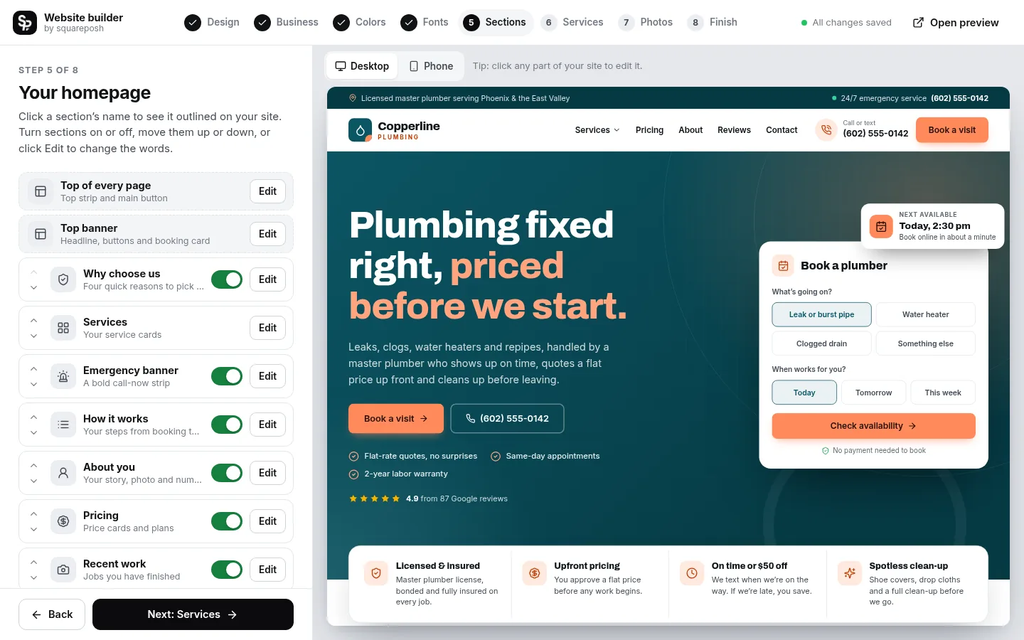 The builder at the “Choose your sections” step: the editing panel on the left and a live preview of the site on the right