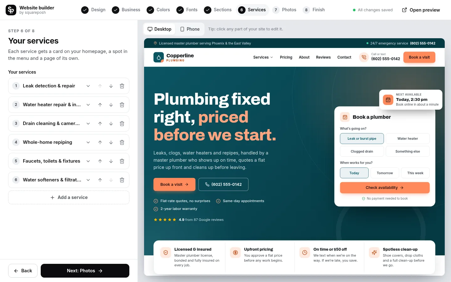 The builder at the “List your services” step: the editing panel on the left and a live preview of the site on the right