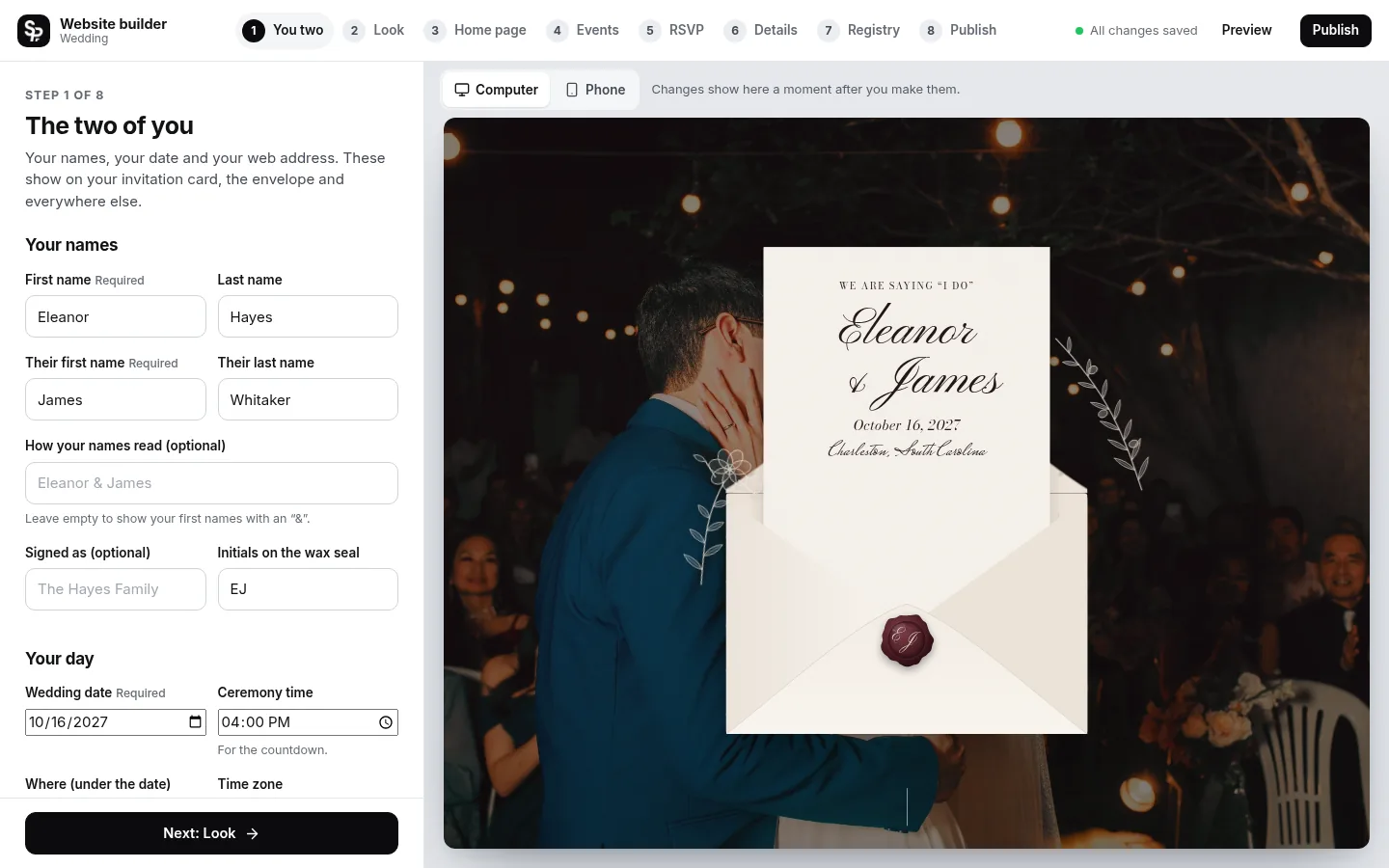 The builder at the “Your names, your date, your address” step: the editing panel on the left and a live preview of the site on the right