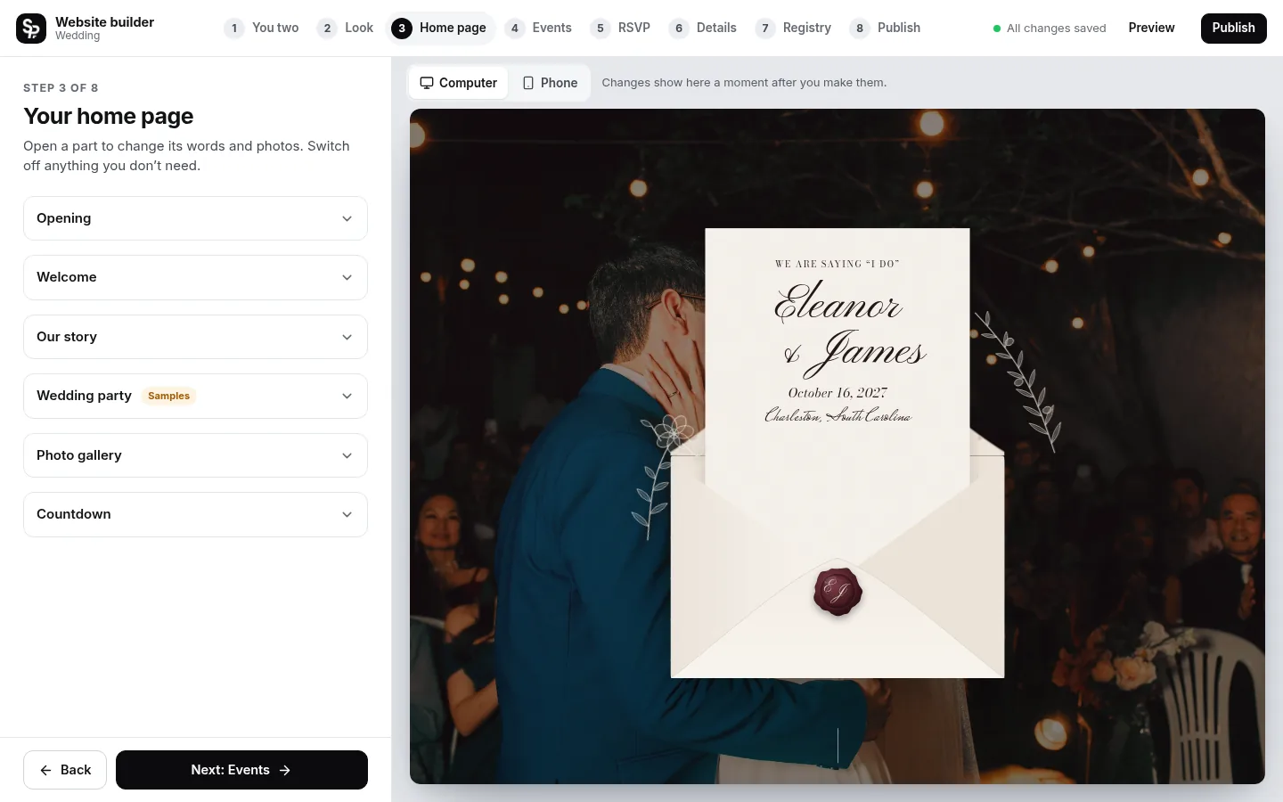 The builder at the “Your story, part by part” step: the editing panel on the left and a live preview of the site on the right