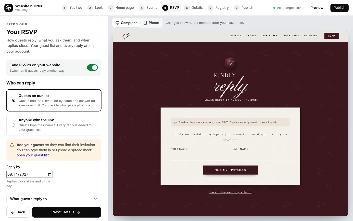 The builder at the “Set up your RSVP” step: the editing panel on the left and a live preview of the site on the right