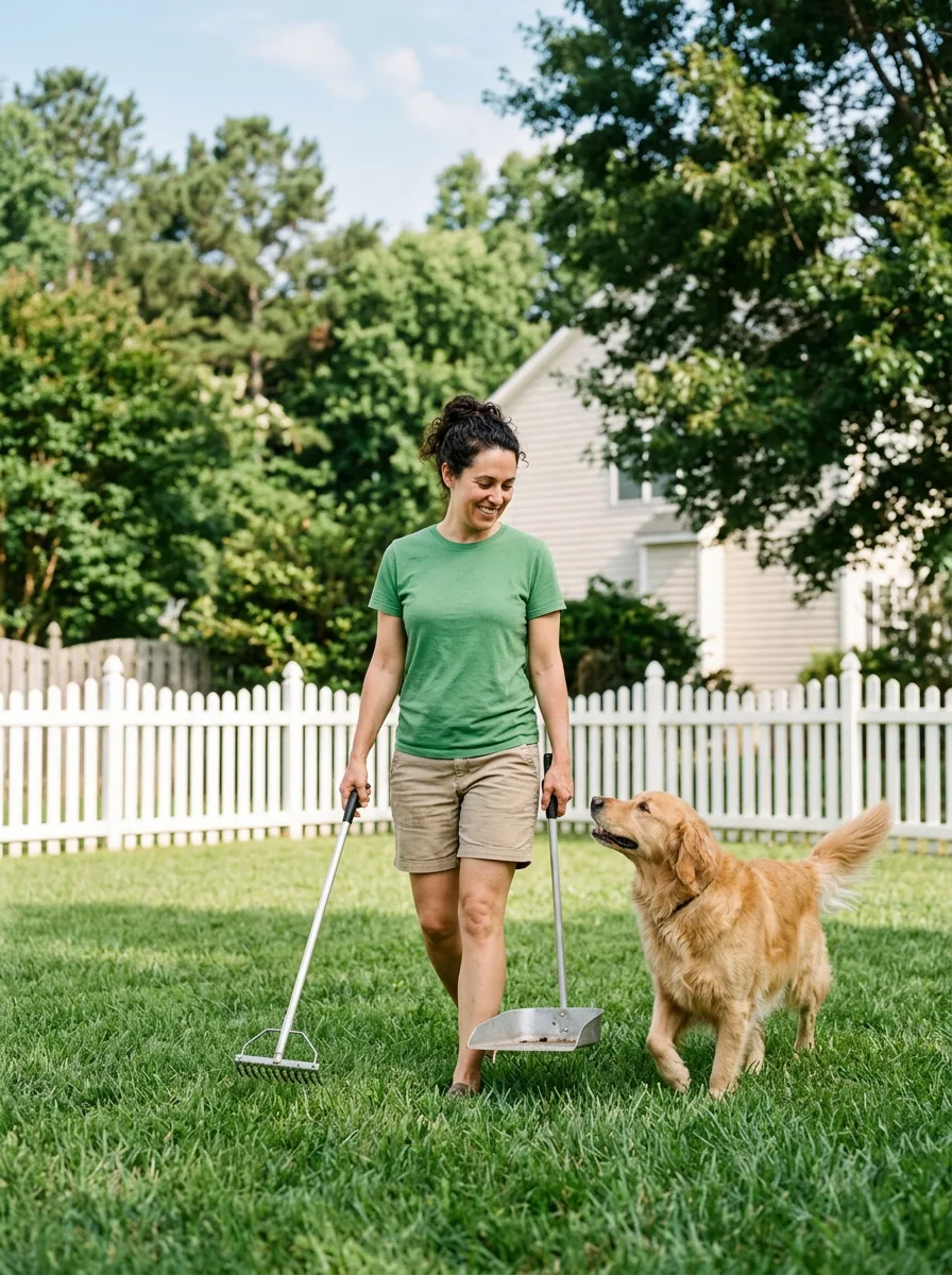 Clover & Scoop Pet Waste Removal scooping a back yard