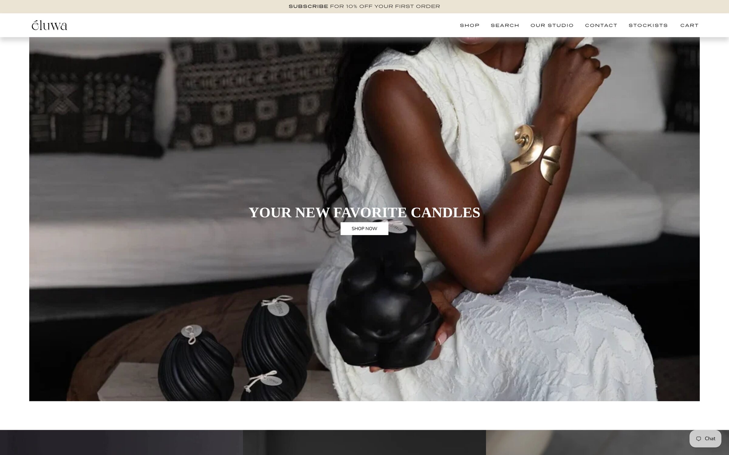 Eluwa Home page, from the hero shop link down to the collections by shape