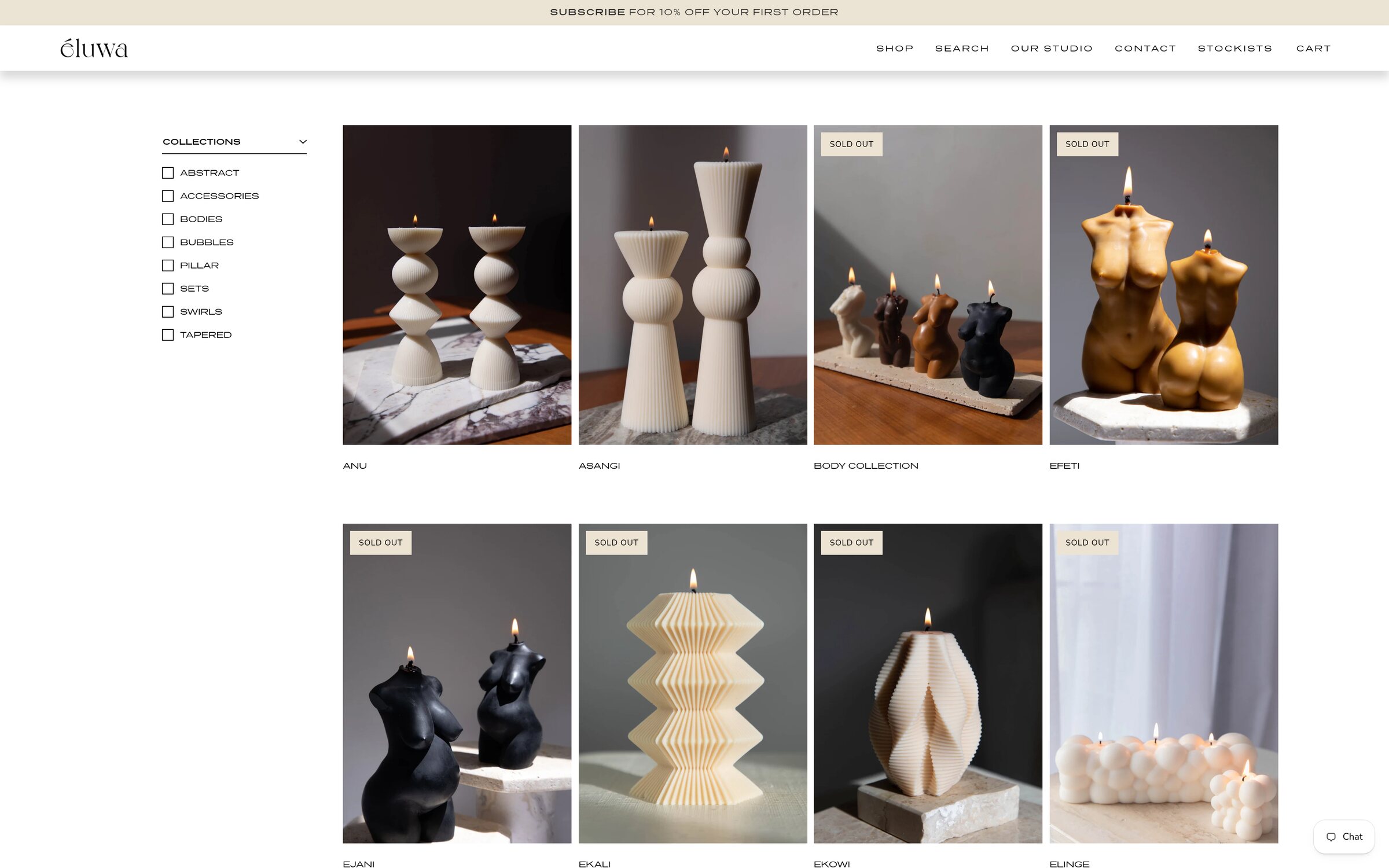 Eluwa The shop, filterable by product type with quick view and pricing