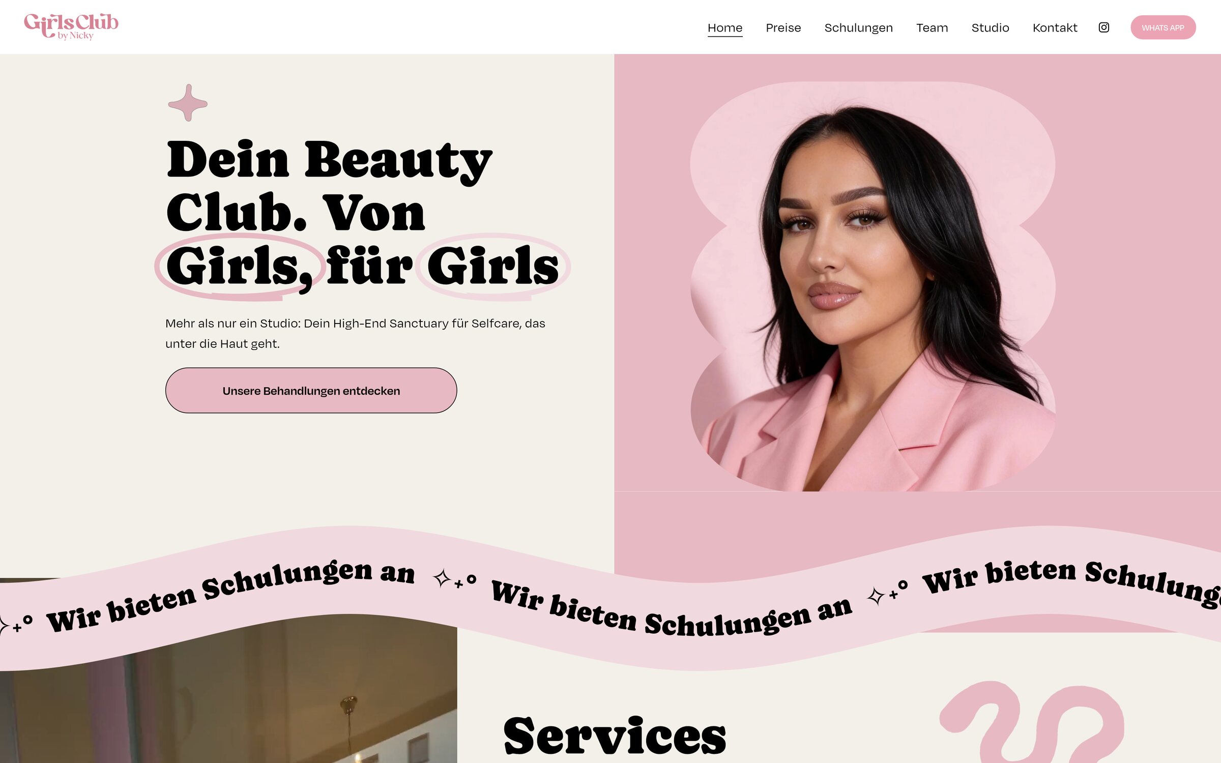 Girls Club by Nicky The home page runs through the treatments, then the testimonials signed by clients.