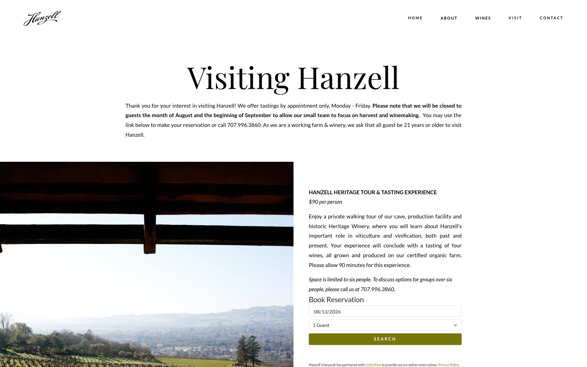 Hanzell Visit: tastings by appointment, with the Heritage Tour priced and booked through an embedded CellarPass widget