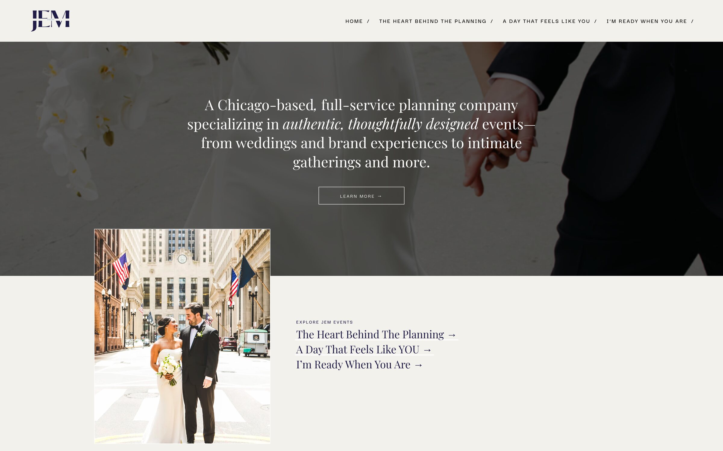 JEM Events Home opens with the Chicago positioning line, then three text links into the rest of the site