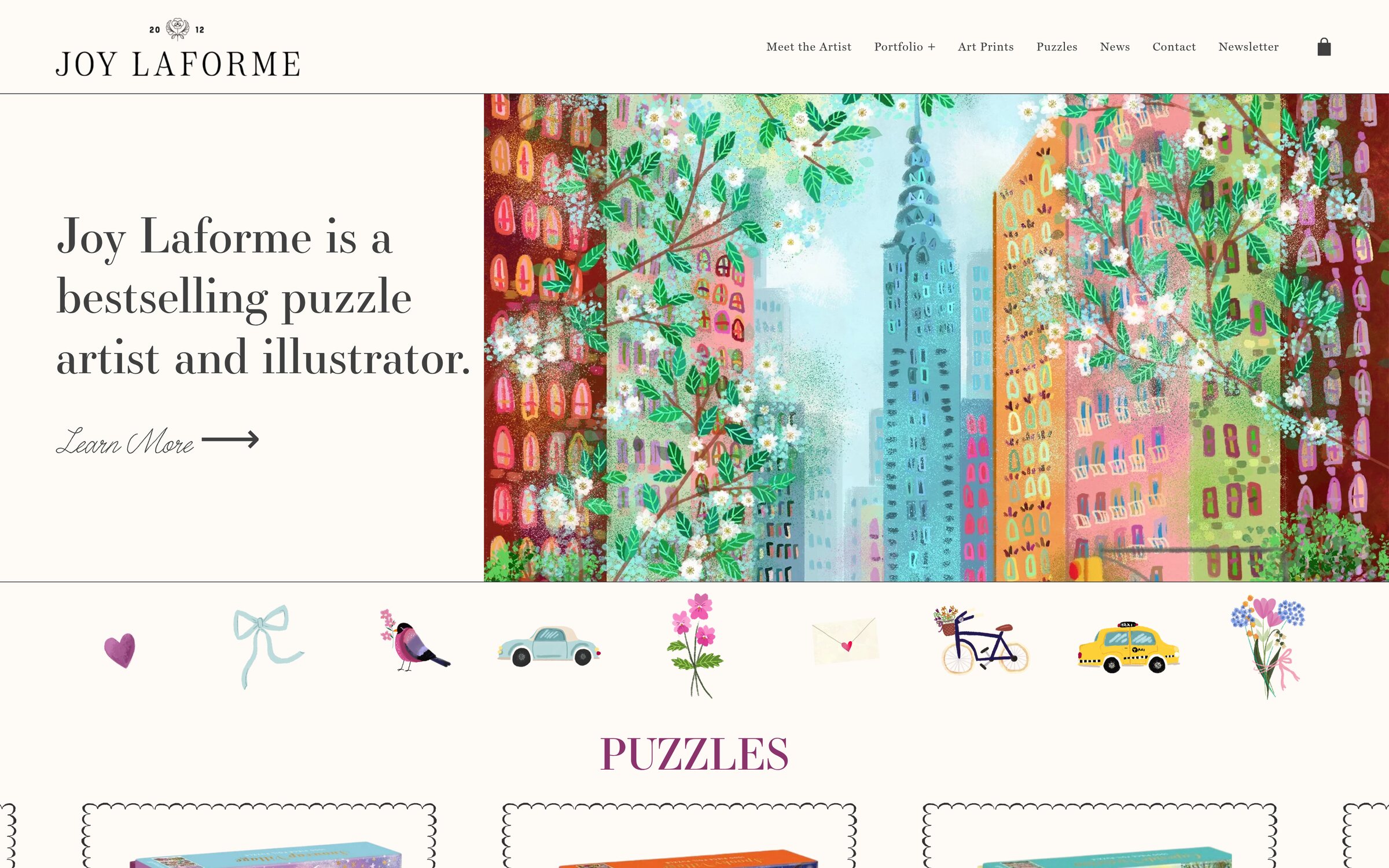 Joy LaForme Home: hero artwork, a puzzle carousel and the newsletter signup.