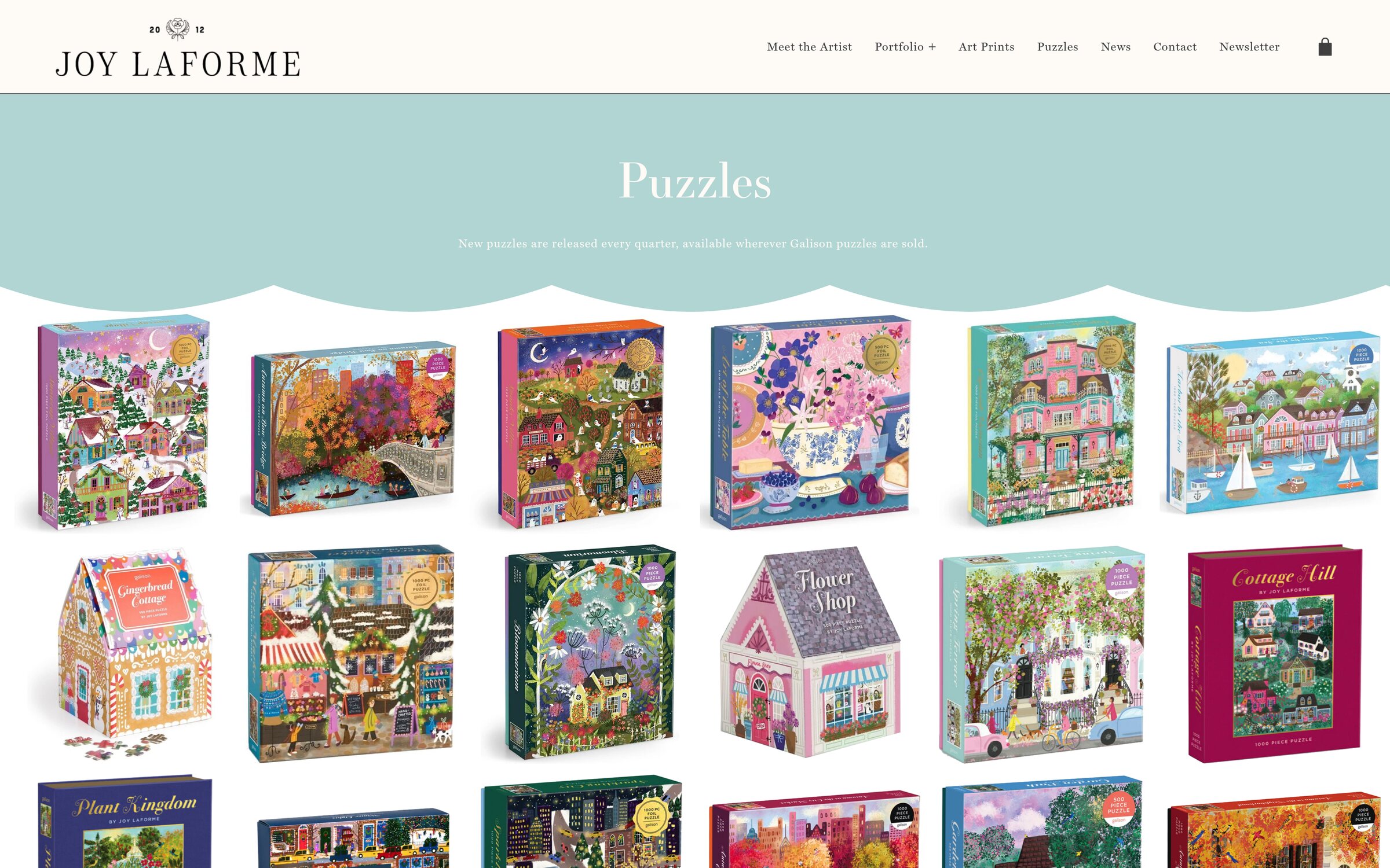 Joy LaForme Puzzles: most boxes link out to their Galison listing.