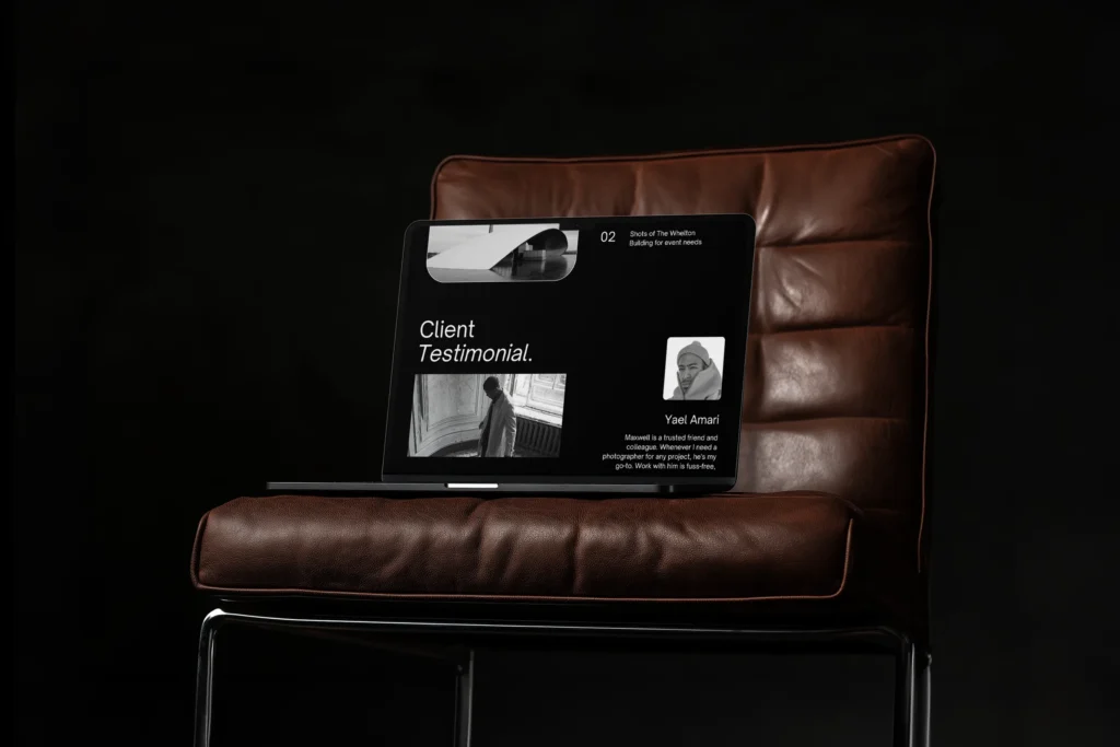 A client testimonial page from a Squareposh build, shown on a laptop