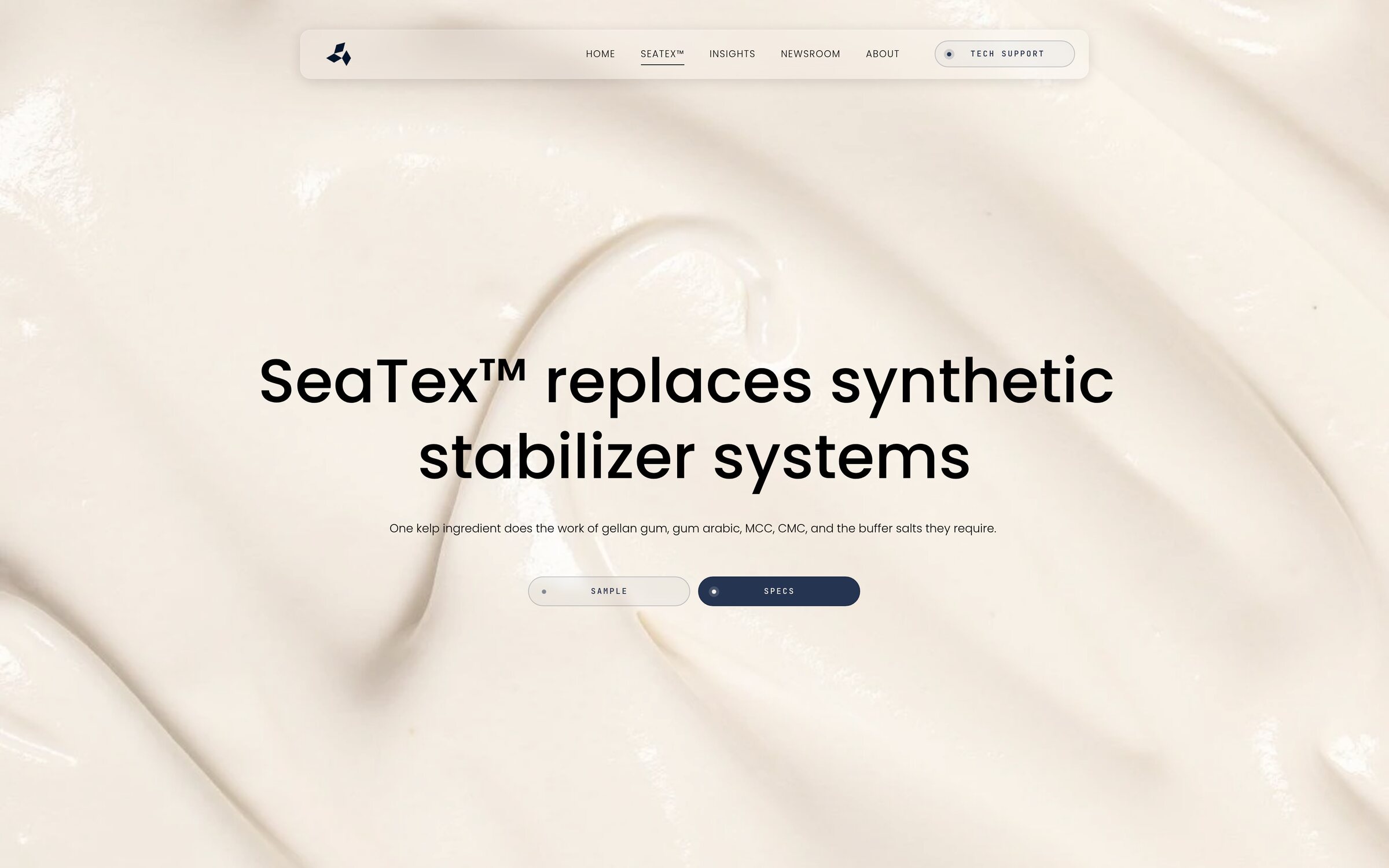 Marine Biologics The SeaTex page names what the ingredient replaces and sorts applications by category.