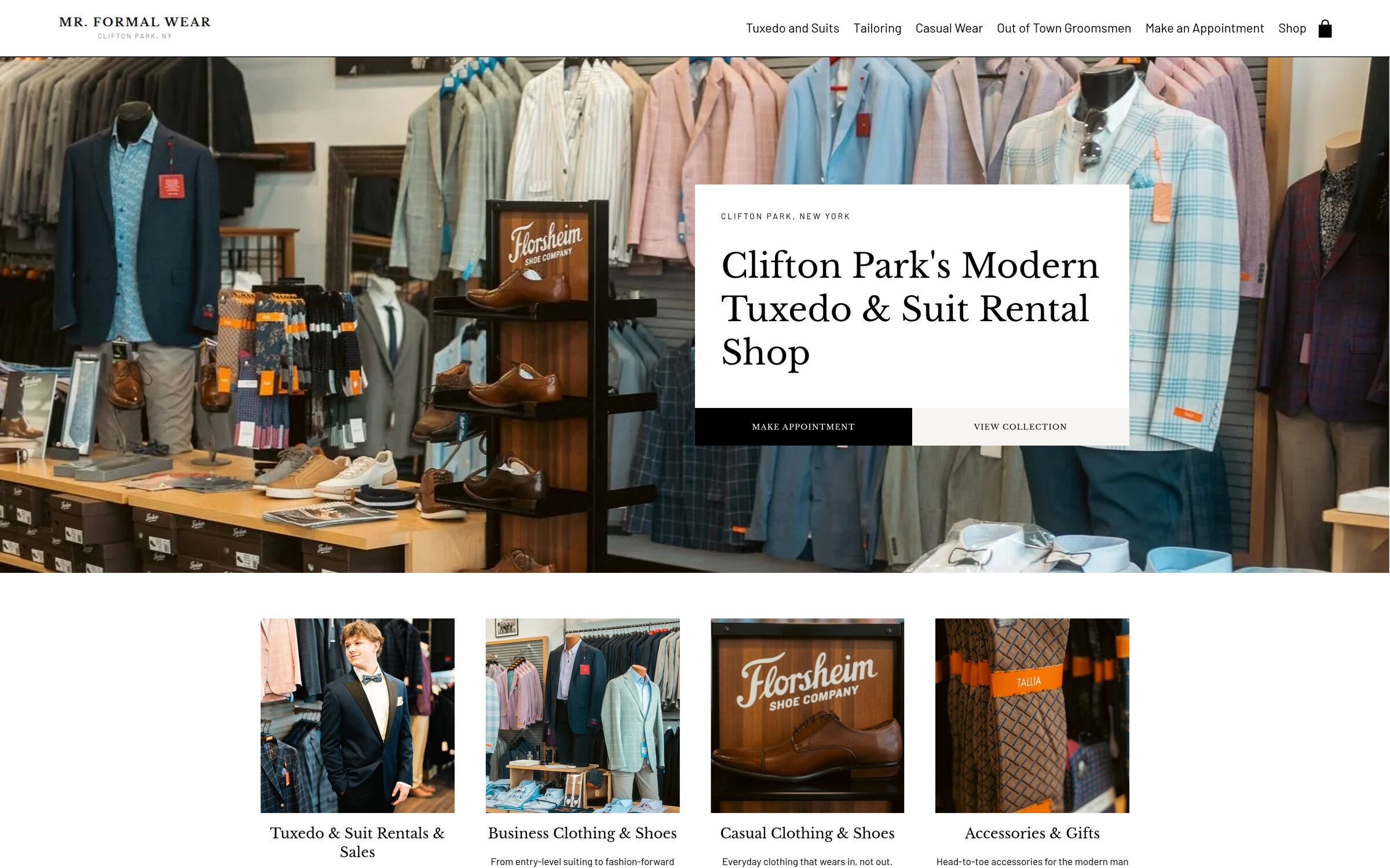 Mr. Formal Wear Home page with the Clifton Park headline, the online collection and the appointment call to action