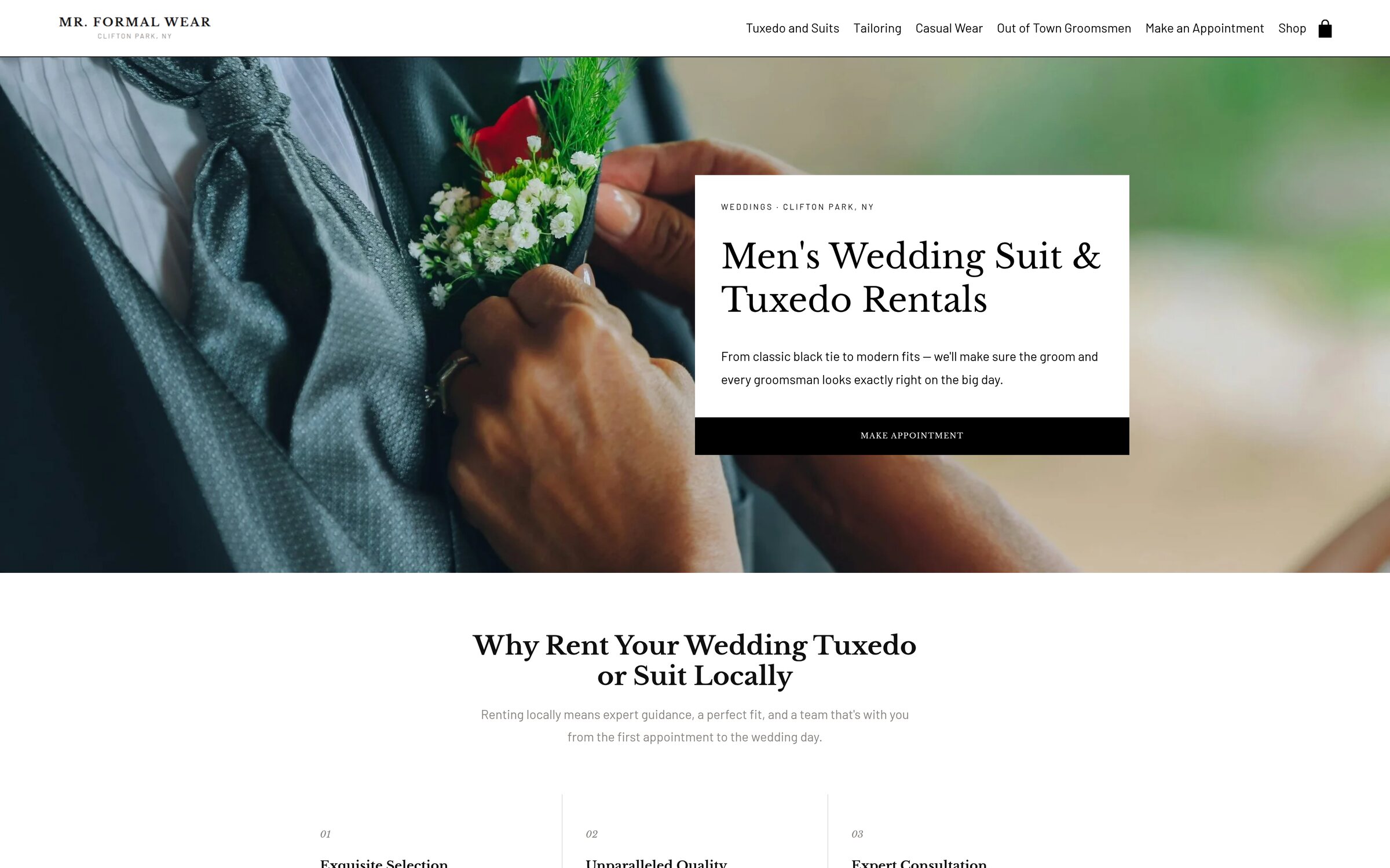 Mr. Formal Wear Wedding rentals page with six reasons to rent locally and the four step rental process