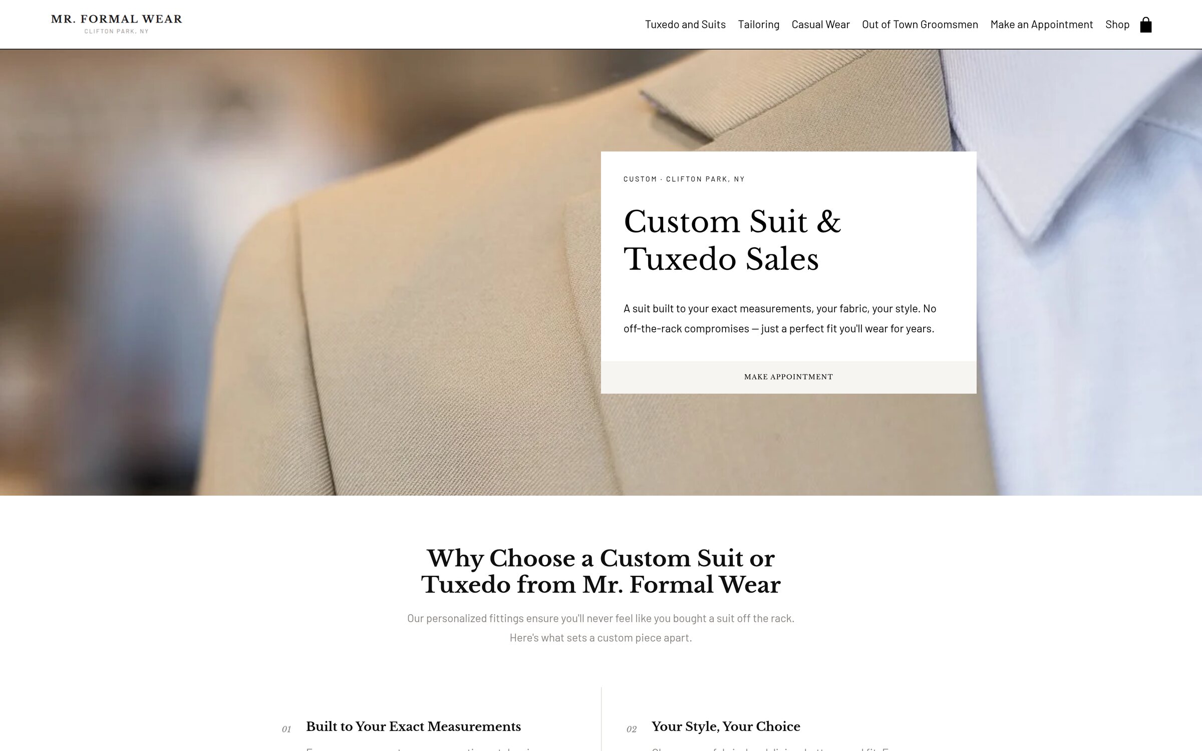 Mr. Formal Wear Custom suits page with fabric, lapel and lining choices and the four step consultation process