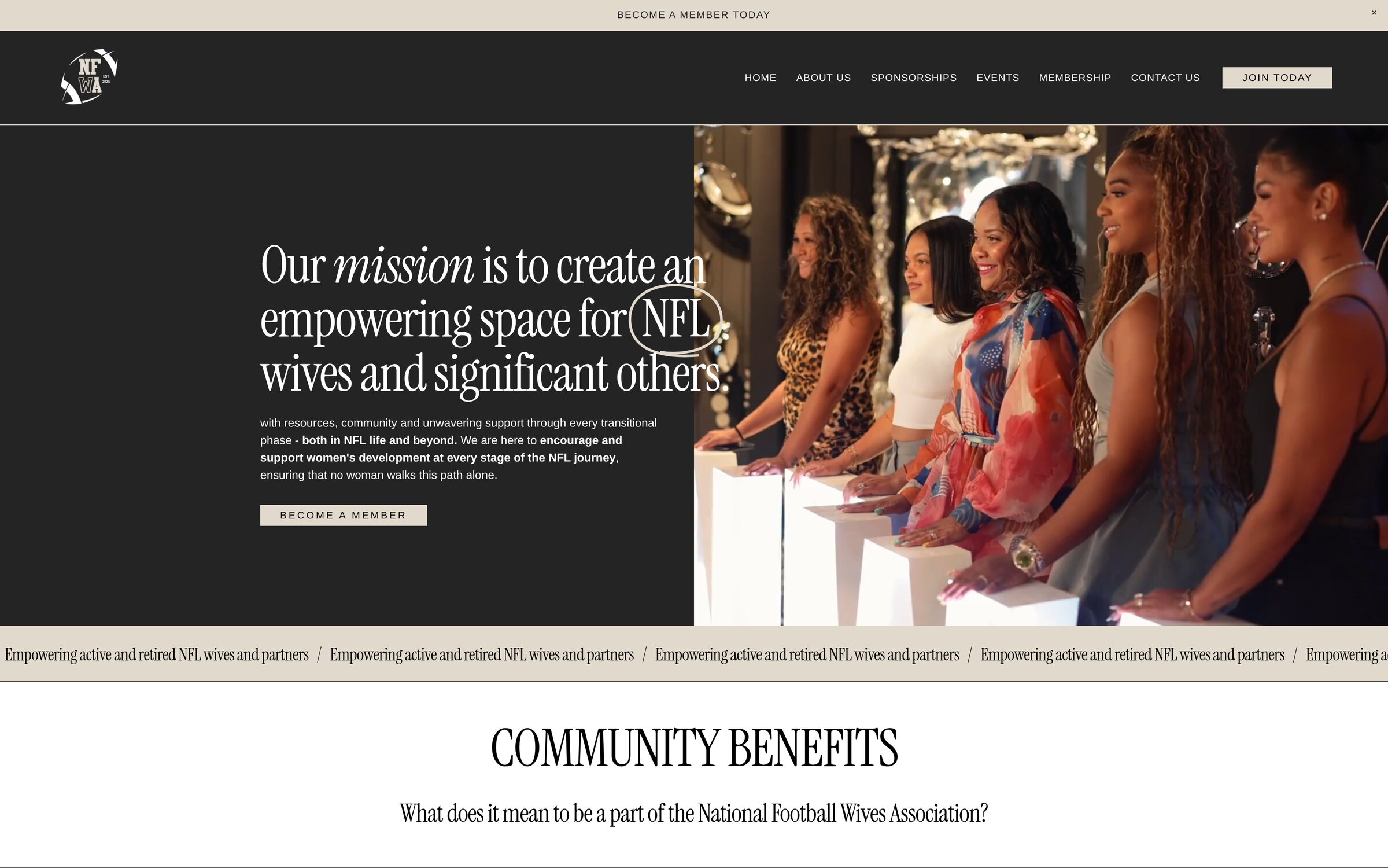 NFWA Home page, with the mission statement, community benefits and a Become a Member button