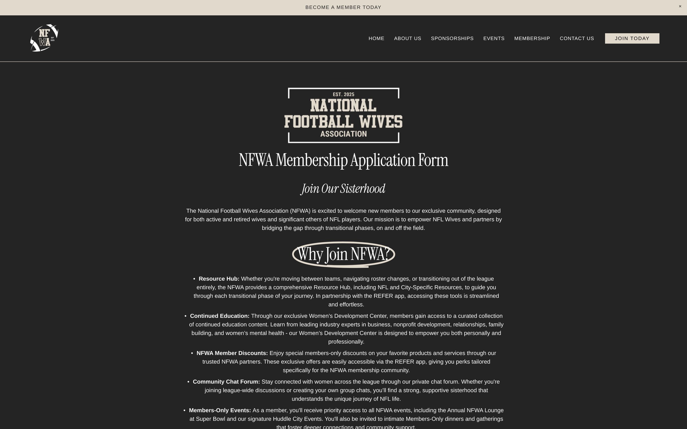 NFWA Membership page, setting out what members get and linking through to the application