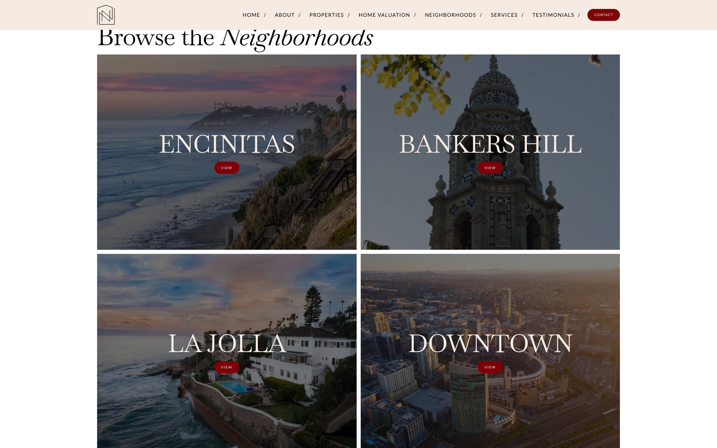 Nicole Naftali Real Estate Neighborhoods: five San Diego areas, each with its own guide page.