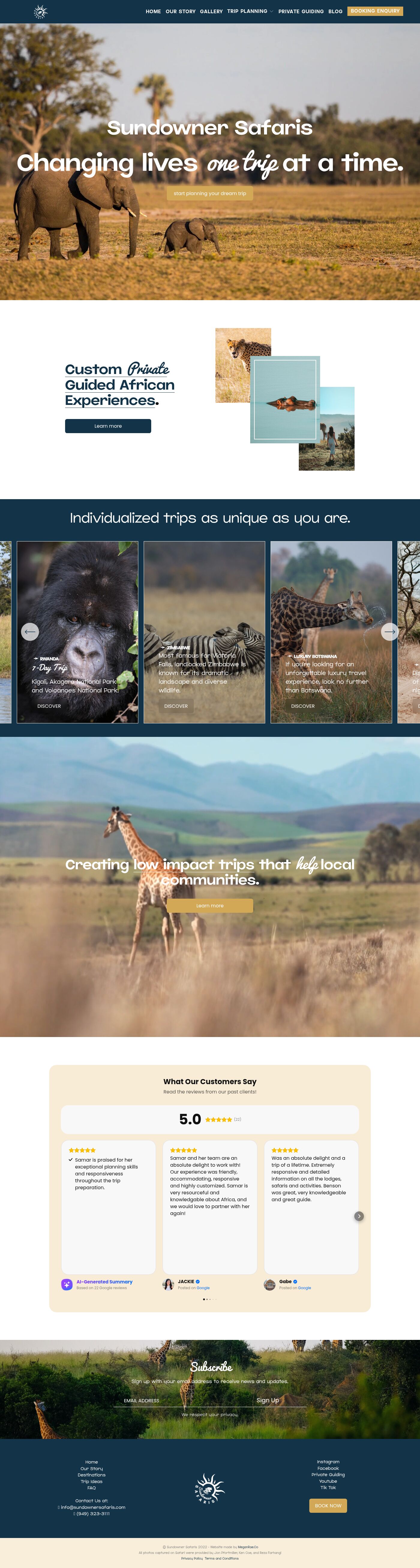 Sundowner Safaris homepage, full length