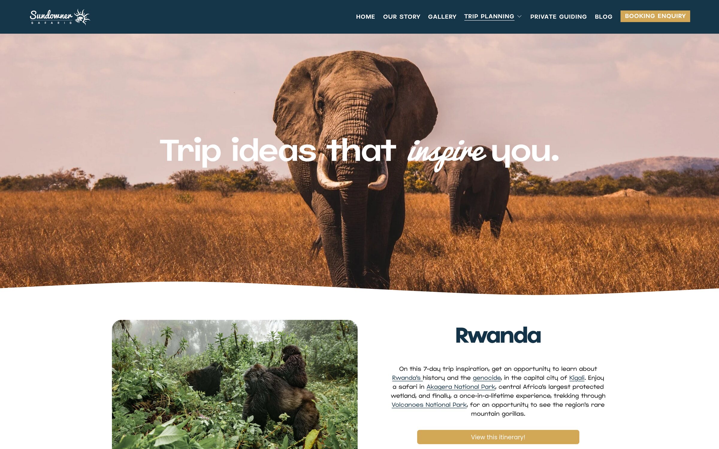 Sundowner Safaris Trip Ideas, eight sample trips with trip length, the places covered and an itinerary link.